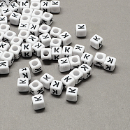 Large Hole Acrylic Letter European Beads, Horizontal Hole, White & Black, Cube with Letter, Letter.K, 8x8x8mm, Hole: 4mm, about 1144pcs/500g(SACR-Q103-8mm-01K)