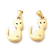 Ion Plating(IP) 304 Stainless Steel Charms, with Crystal Rhinestone, Laser Cut, Manual Polishing, Cat, Golden, 21.5x12.5x3mm, Hole: 6.5x3mm(STAS-A047-01G)