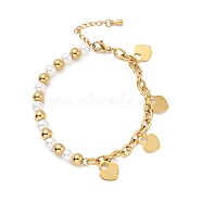 201 Stainless Steel Heart Padlock Charm Bracelet, Plastic Pearl Beaded Bracelet with Vacuum Plating 304 Stainless Steel Cable Chains for Women, Golden, 7-1/2 inch(19cm)(BJEW-A126-12G)