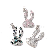 Natural Shell Pendants, Rabbit Charms with Heart, Dyed, with Rack Plating Platinum Tone Brass Findings, Long-Lasting Plated, Mixed Color, 26x16.5x4mm, Hole: 4.5x3.5mm(KK-M234-07P)