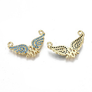 Real 16K Gold Plated Brass Micro Pave Cubic Zirconia Charms, for Mother's Day, Cadmium Free & Nickel Free & Lead Free, Wing with Word Mom, Light Sky Blue, 14.5x23.5x3mm, Hole: 1.4mm(KK-S061-80B-G-NR)