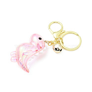 Acrylic Dinosaur Pendant Keychain, with Light Gold Tone Alloy Findings and Sonance Brass Bell, Cadmium Free & Lead Free, Pink, 10.5cm(KEYC-G052-08LG-04)