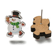 Christmas Printed Wood Stud Earrings for Women, with 316 Stainless Steel Pin, Platinum, Snowman, 16.5x13mm, Pin: 0.6mm(EJEW-U025-01C)