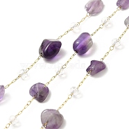 Ion Plating(IP) 316 Surgical Stainless Steel Paperclip Chains, with Natural Amethyst Nuggets Beads and Glass Beads, Soldered, Real 18K Gold Plated, with Spool, Link: 3x1x0.3mm, Glass: 3~4.5mm, Gemstone: 6~10x4~9.5x4~7mm(CHS-I019-13G)