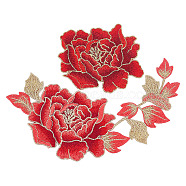 2Pcs 2 Style Peony Polyester Embroidery Sew on Clothing Patches, Flower Applique, Sewing Craft Decoration, Dark Red, 90~215x113~182x1~1.5mm, 1pc/style(PATC-NB0001-11C)