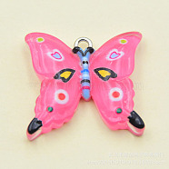 Transparent Resin Pendants, with Platinum Tone Iron Loops, Butterfly Charms, Hot Pink, 23x24.5x5mm, Hole: 2mm(RESI-G046-02P-04)
