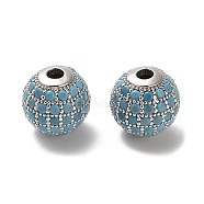 Rhodium Plated 925 Sterling Silver Micro Pave Cubic Zirconia Beads, Round, Real Platinum Plated, Sky Blue, 10x9mm, Hole: 2.2mm(STER-H110-24C-07P)