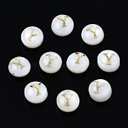 Natural Freshwater Shell Beads, with Golden Plated Brass Etched Metal Embellishments, Flat Round with Letter, Seashell Color, Letter.Y, 6x4mm, Hole: 0.8mm(SHEL-S278-036Y)