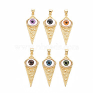 Brass Pendants, with Resin Eye, Cadmium Free & Nickel Free & Lead Free, Real 16K Gold Plated, Mixed Color, 36x15x6mm, Hole: 5x3mm(KK-S362-041-NR)