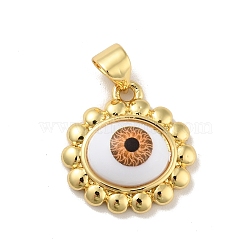 Brass Pendants, with Acrylic, Cadmium Free & Lead Free, Long-Lasting Plated, Oval with Evil Eye, Real 18K Gold Plated, Saddle Brown, 16x16.5x5.5mm, Hole: 4x3.5mm(KK-B059-39G-D)
