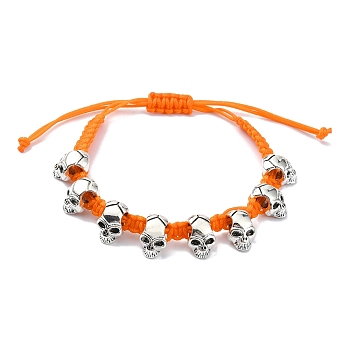 Adjustable Alloy Braided Beads Bracelets, Halloween Skull Bracelets for Men Women, Orange, Inner Diameter: 2~3-1/8 inch(5~7.8cm)