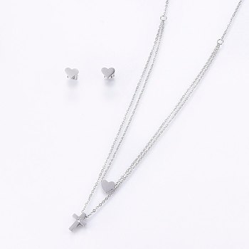 304 Stainless Steel Jewelry Sets, Stud Earrings and Pendant Tiered Necklaces, with Rhinestone, Cross and Heart, Stainless Steel Color, Necklace: 18.1 inch(46cm), 1.5mm, Stud Earrings: 7x8x1.2mm, Pin: 0.8mm