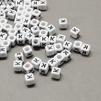 Large Hole Acrylic Letter European Beads, Horizontal Hole, White & Black, Cube with Letter, Letter.K, 8x8x8mm, Hole: 4mm, about 1144pcs/500g