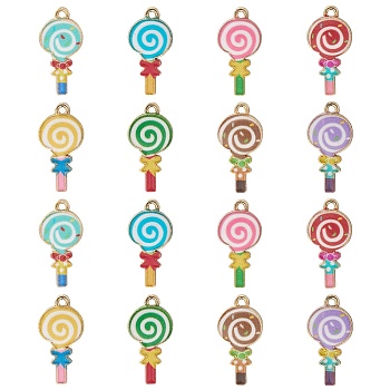 40Pcs 8 Styles Alloy Enamel Pendants, Golden, Lollipop Charm, Mixed Color, 24x12x2mm, Hole: 1.5mm, 5pcs/style