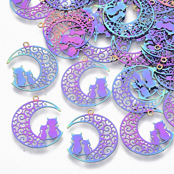Ion Plating(IP) 201 Stainless Steel Kitten Pendants, Etched Metal Embellishments, Crescent Moon with Couple Cat Shape, Rainbow Color, 22x19x0.3mm, Hole: 1.2mm