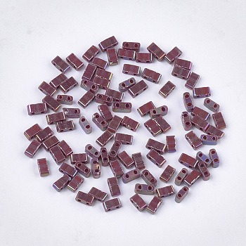 2-Hole Opaque Glass Seed Beads, AB Colours, Rectangle, Coconut Brown, 4.5~5.5x2x2~2.5mm, Hole: 0.5~0.8mm
