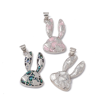 Natural Shell Pendants, Rabbit Charms with Heart, Dyed, with Rack Plating Platinum Tone Brass Findings, Long-Lasting Plated, Mixed Color, 26x16.5x4mm, Hole: 4.5x3.5mm