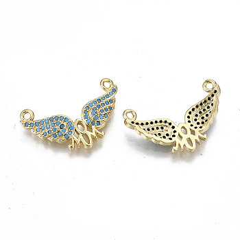Real 16K Gold Plated Brass Micro Pave Cubic Zirconia Charms, for Mother's Day, Cadmium Free & Nickel Free & Lead Free, Wing with Word Mom, Light Sky Blue, 14.5x23.5x3mm, Hole: 1.4mm