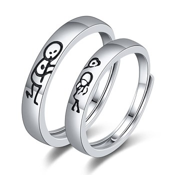 925 Sterling Silver Cuff Rings, Adjustable Rings, with Enamel, Boy Pattern, Black, Platinum
