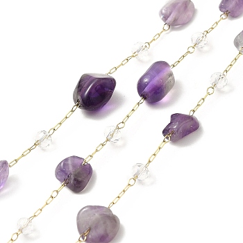 Ion Plating(IP) 316 Surgical Stainless Steel Paperclip Chains, with Natural Amethyst Nuggets Beads and Glass Beads, Soldered, Real 18K Gold Plated, with Spool, Link: 3x1x0.3mm, Glass: 3~4.5mm, Gemstone: 6~10x4~9.5x4~7mm