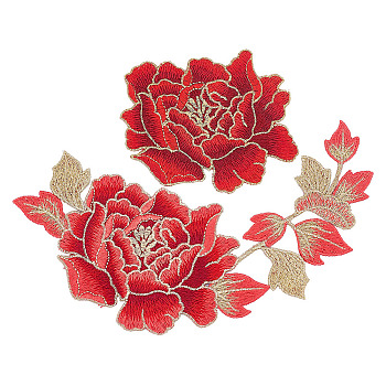 2Pcs 2 Style Peony Polyester Embroidery Sew on Clothing Patches, Flower Applique, Sewing Craft Decoration, Dark Red, 90~215x113~182x1~1.5mm, 1pc/style