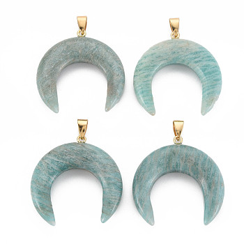 Natural Amazonite Pendants, with Light Gold Plated Brass Findings, Crescent Horn, 36x36x7.5mm, Hole: 3.5x7mm