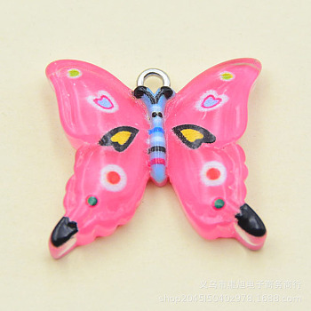 Transparent Resin Pendants, with Platinum Tone Iron Loops, Butterfly Charms, Hot Pink, 23x24.5x5mm, Hole: 2mm
