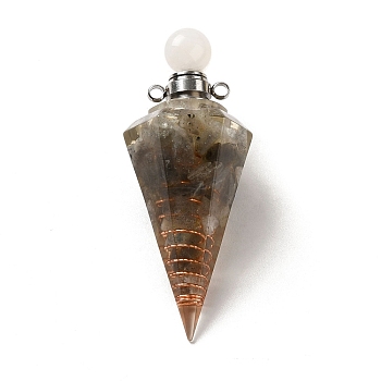 Natural Labradorite Perfume Bottle Pendants, Resin Faceted Cone Charms with Platinum Plated Brass Screw Cap, 46.5~48x19~20x17~18mm, Hole: 1.8mm