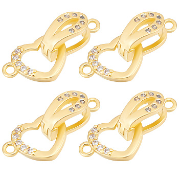 6 Sets Brass Micro Pave Clear Cubic Zirconia Fold Over Clasps, Heart, Real 18K Gold Plated, 18mm, Heart: 8x11x1.5mm, Clasp: 10.5x4x5mm, Hole: 1.2mm