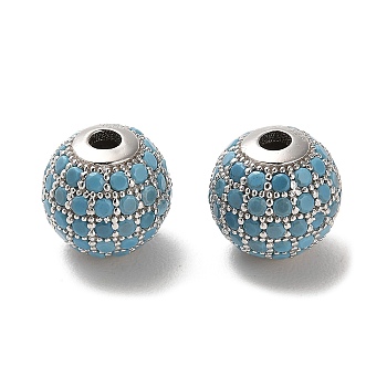 Rhodium Plated 925 Sterling Silver Micro Pave Cubic Zirconia Beads, Round, Real Platinum Plated, Sky Blue, 10x9mm, Hole: 2.2mm