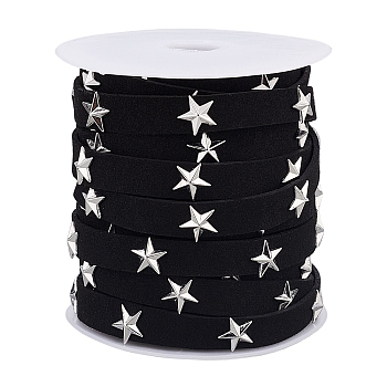 Elite 10 Yards Flat Faux Suede Ribbon, with Silver Tone Star Alloy Rivet, with Plastic Empty Spools, Black, 10x0.5~4.5mm, about 9.144m
