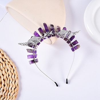 Hollow Triple Moon with Wing Metal Crown Hair Bands, Raw Natural Amethyst Wrapped Hair Hoop for Women Girl, 180x150x15mm