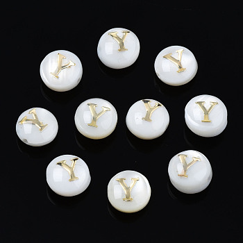 Natural Freshwater Shell Beads, with Golden Plated Brass Etched Metal Embellishments, Flat Round with Letter, Seashell Color, Letter.Y, 6x4mm, Hole: 0.8mm