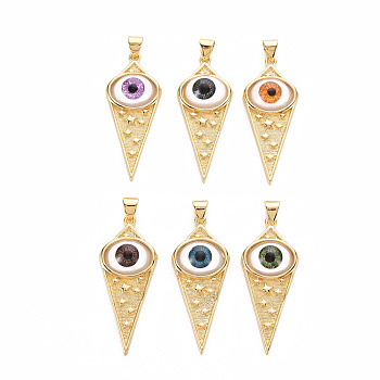 Brass Pendants, with Resin Eye, Cadmium Free & Nickel Free & Lead Free, Real 16K Gold Plated, Mixed Color, 36x15x6mm, Hole: 5x3mm