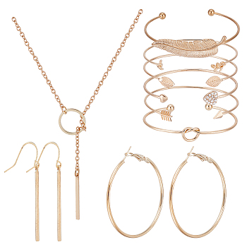 Alloy Rectangle Bar Pendant Dangle Earrings & Bangles & Lariat Necklace, Jewelry Set for Women, Golden, 25-5/8 inch(65cm), 2-3/8~2-7/8x1-3/4~2-1/8 inch(6.05~7.3x4.4~5.45cm), 54x49x5mm, Pin: 0.7mm