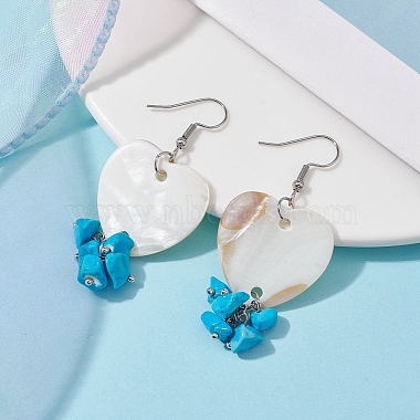 Natural Shell Heart with Synthetic Turquoise Chips Dangle Earrings(EJEW-JE05482)-2