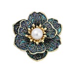 Camellia Enamel Pins, Alloy Brooches for Backpack Clothes, with Plastic Pearl, Colorful, Golden, 32.5x34.5mm(X-PALLOY-D361-23G)