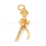Halloween Brass Micro Pave Cubic Zirconia Pendants, with Jump Ring, Skeleton Man, Clear, Real 18K Gold Plated, 24x7.5x3mm, Hole: 3.5mm(ZIRC-G169-04G)