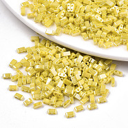 2-Hole Glass Seed Beads, Opaque Colours Lustered, Rectangle, Yellow, 4.5~5.5x2x2~2.5mm, Hole: 0.5~0.8mm, about 250pcs/10g(X-SEED-S031-M-SH122)