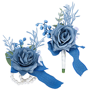 2Pcs 2 Style Silk Cloth & Plastic Imitation Flower Corsage Boutonniere & Wrist Corsage, for Wedding, Party Decorations, Slate Gray, 47x123x145mm, 1pc/style(JEWB-CP0001-27A)