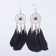 Alloy Dangle Earrings, with Brass Earring Hooks, Natural Lava Rock Round Beads and Goose Feather Costume, Woven Net/Web with Feather, Black, 130mm, 110x48x8mm, Pin: 0.6mm(EJEW-JE02710-05)