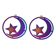 Ion Plating(IP) 201 Stainless Steel Filigree Pendants, Etched Metal Embellishments, Ring with Moon & Star, Rainbow Color, 42.5x40x0.3mm, Hole: 1.8mm(X-STAS-S118-013)