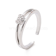 Clear Cubic Zirconia Heart Open Cuff Ring, Brass Jewelry for Women, Platinum, Inner Diameter: 16mm(RJEW-E072-12P)