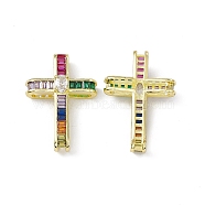 Rack Plating Brass Micro Pave Colorful Cubic Zirconia Pendants, Cadmium Free & Lead Free, Long-Lasting Plated, Religion Cross Charm, Real 18K Gold Plated, 33.5x22.5x7.5mm, Hole: 29.5x18mm(ZIRC-I061-20G)