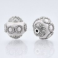 Round Handmade Indonesia Beads, with Alloy Cores, Antique Silver, WhiteSmoke, 14~15x15mm, Hole: 1.5mm(IPDL-R396-05)