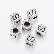 304 Stainless Steel Large Hole Letter European Beads, Cube with Letter.S, Antique Silver, 8x8x8mm, Hole: 5mm(STAS-H428-01AS-S)