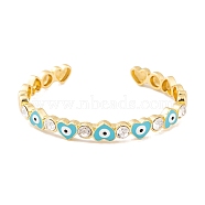 Heart Brass Pave Clear Cubic Zirconia Evil Eye Open Cuff Bangles with Enamel for Women, Real 18K Gold Platend, Light Sky Blue, Inner Diameter: 2-1/8~2-3/8 inch(5.4~5.9cm), 8mm(BJEW-S147-06G-02)