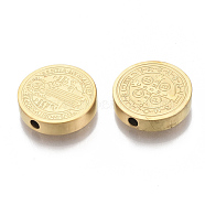 Vacuum Plating 304 Stainless Steel Beads, Flat Round with Saint Benedict Medal, Golden, 14.5x3mm, Hole: 2mm(X-STAS-S079-169A-G)