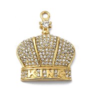 304 Stainless Steel Pendants,  with Rhinestone, Crown Charms with Word King, Real 14K Gold Plated, 44x34.5x10.5mm, Hole: 3.5mm(STAS-L022-343G)