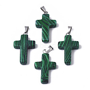 Synthetic Malachite Pendants, Dyed, with Brass Pinch Bails, Platinum Plated, Cross, 26~30.5x15.5~19.5x4~6mm, Hole: 3x6mm(G-J354-01A)